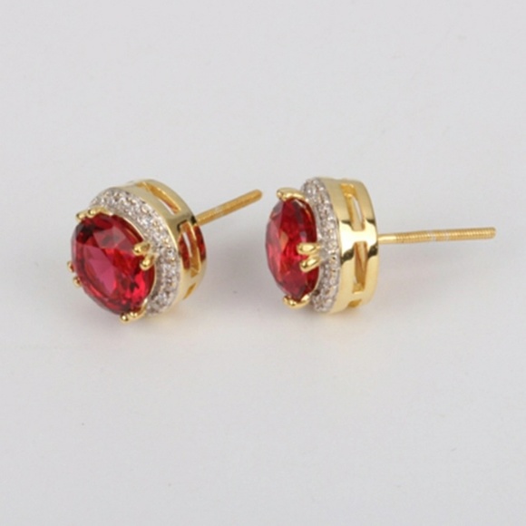 Iced Out Custom Studded Red Gem Stone Earrings - Picture 3 of 3